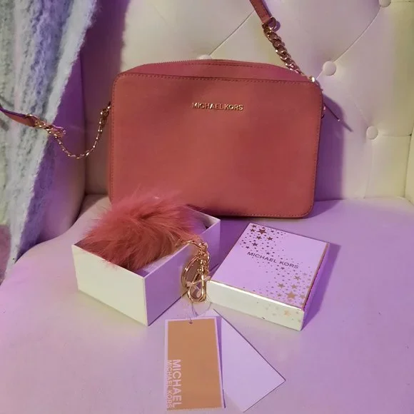 Michael Kors Large Fur Pom Pom LOVE Ultra Pink Gold Bag  Michael Kors tote with Pom key chain main image 1